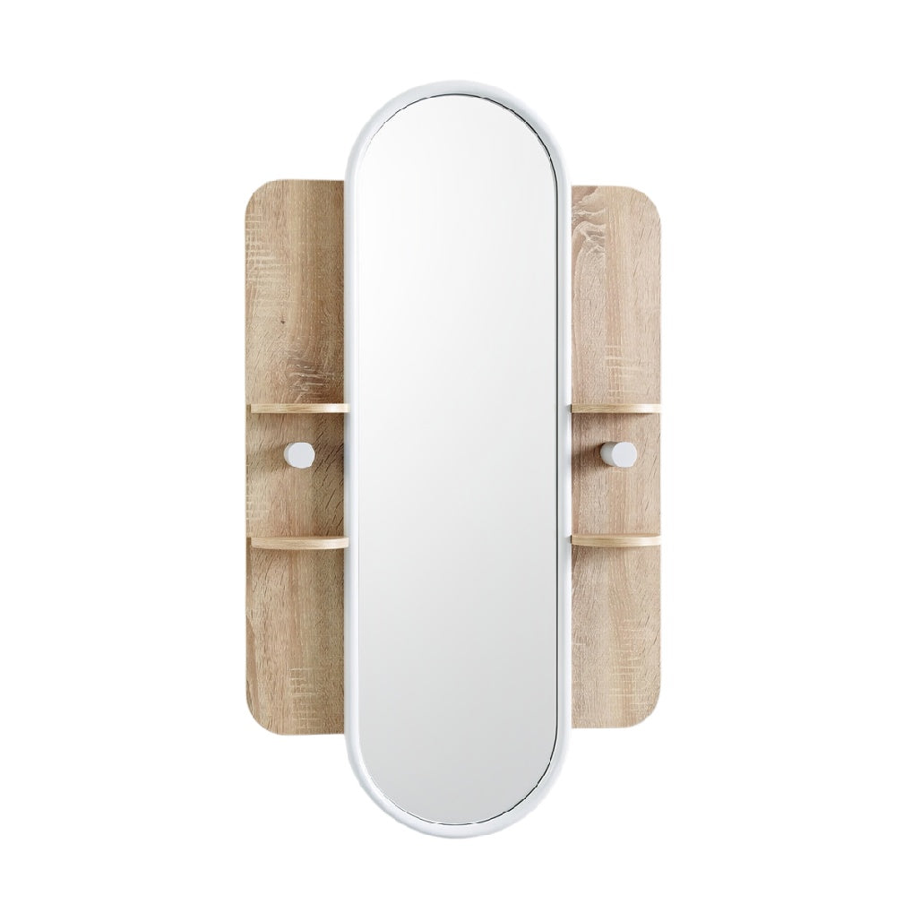 Moderne wandspiegel met houten opbergruimte en minimalistisch ontwerp